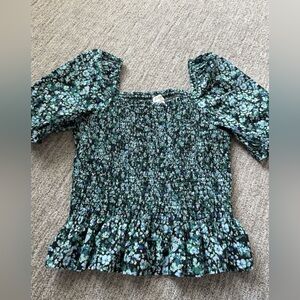 J. Crew Women's Blue Floral Short Sleeve Cotton Poplin Smocked Blouse, Size XS